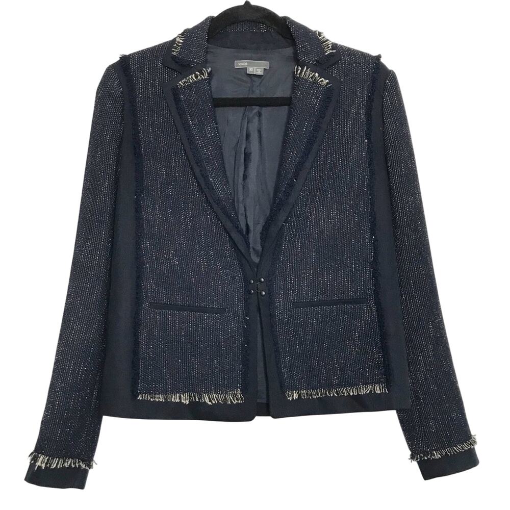 Vince Womens XSmall XS Soft Boucle Jacket Coastal Blue Fringe Textured Blazer